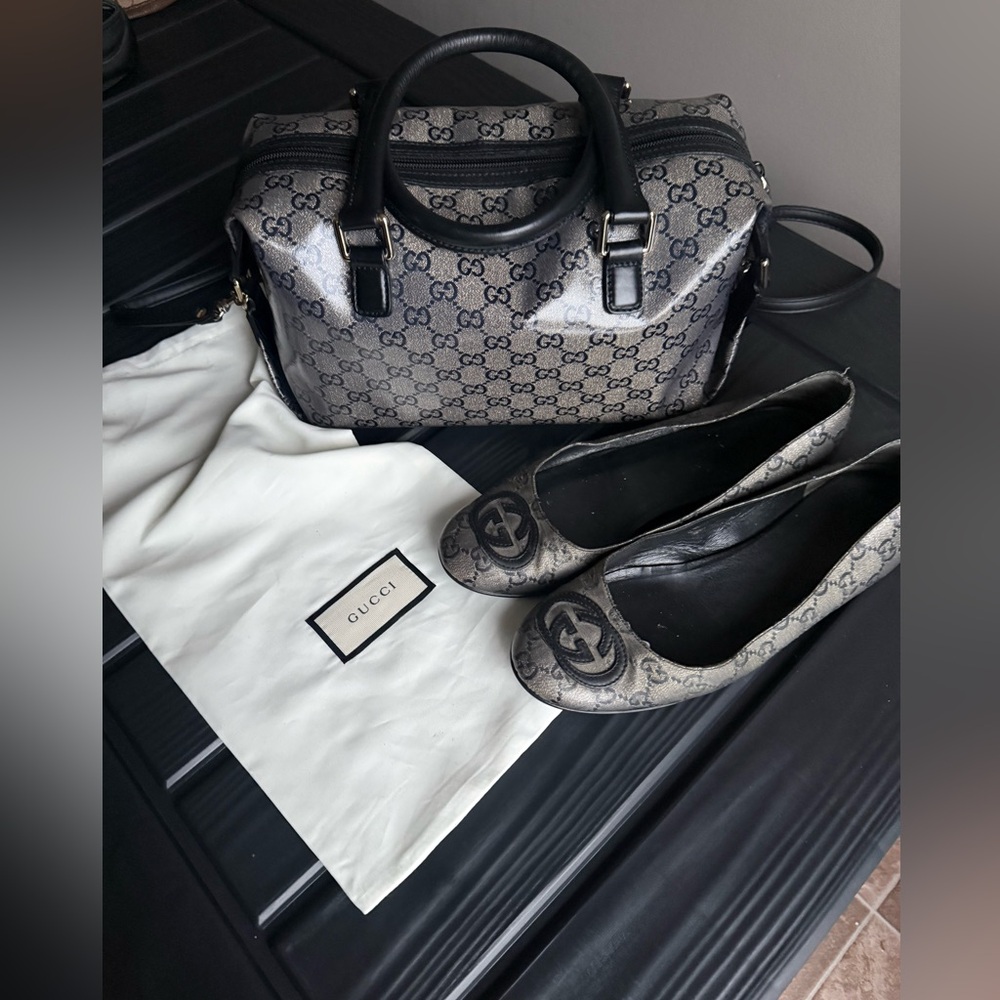 Gucci Black and Gray Monogram Bag with Flats